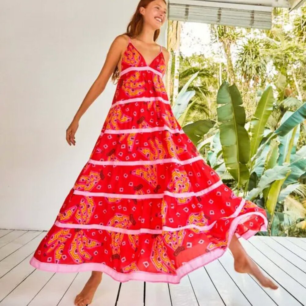 FARM RIO Red Tiki Bananas Tiered Maxi Dress